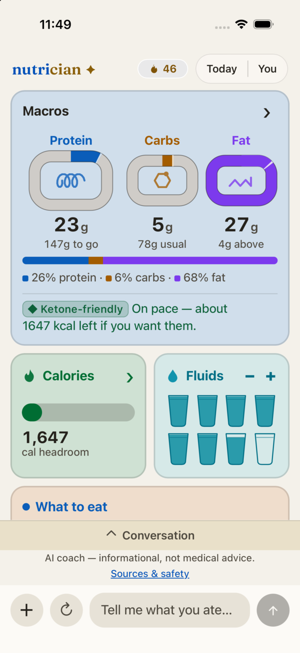 The Nutrician dashboard: protein, carbs and fat as dials, calories and fluids side by side below them, and the conversation folded away above the composer.