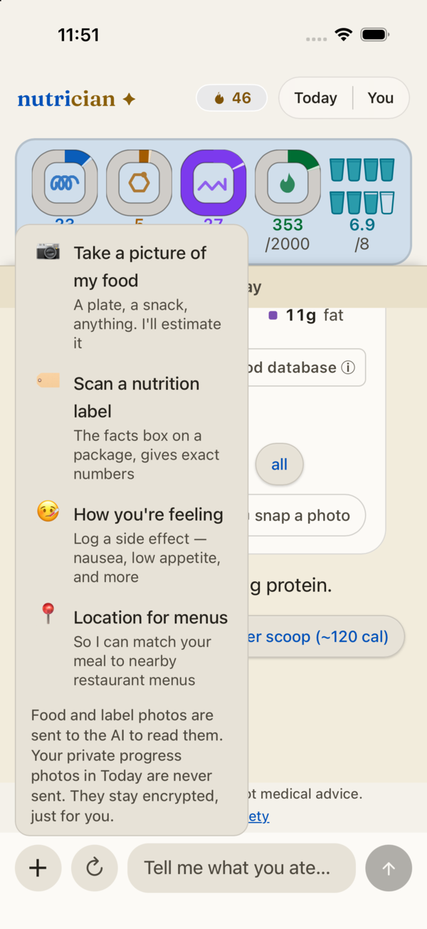 The add menu open over the dashboard, offering a food photo, a nutrition label, how you are feeling, and nearby restaurant menus, with a note on which photos are sent and which stay private.