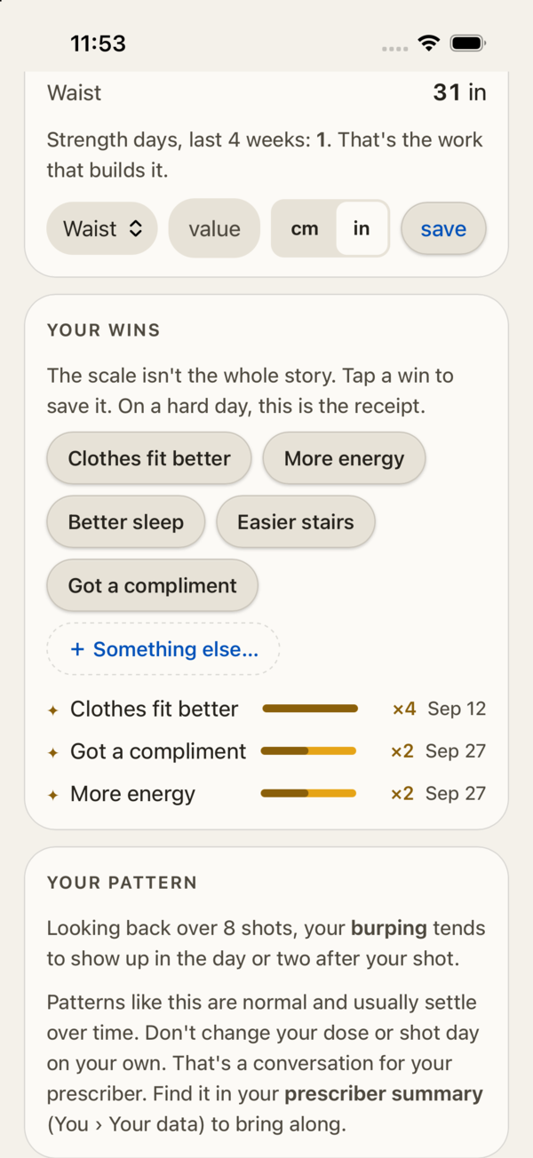The progress panel: a measurement field, a list of wins such as clothes fitting better and more energy, and a note explaining a pattern in the data.